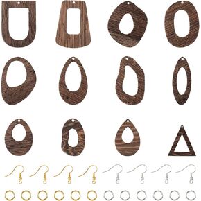 Craftdady 8Pcs Wood Filigree Charms Black Flower Teardrop Earring Making Kit with Earring Hooks Jump Rings Big Earring Pendants for Crafts DIY Jewelry Making Supplies