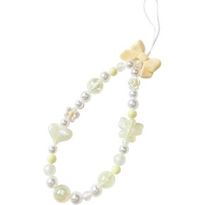 LUVI Beaded Phone Charm Lanyard Wrist Strap Love Heart Bow Beads Butterfly Chain Flower String Pearl Bling Bracelet Keychain Cute Fashion for Women Girls