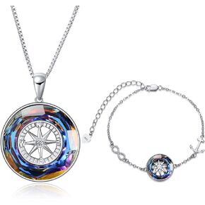 AOBOCO Compass Jewelry Sterling Silver 2022 Graduation Jewelry Necklace and Bracelet Gifts for Women Girls - Volcanic Crystal