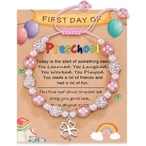 HGDEER ​​اليوم الأول للمدرسة/رياض الأطفال/هدايا ما قبل المدرسة | سحر سوار القلب البرسيم أربع أوراق للفتيات | سوار من اللؤلؤ الوردي وحجر الراين | طول قابل للتعديل من 4-10 بوصات in Kuwait