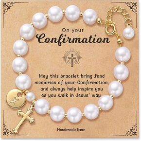Miss Pink Personalized Confirmation Pearl Corss Bracelets Gifts for Teen Girls Women Catholic, Christian Confirmation Decorations Easter First Communion Religious Faith Jewelry for Goddaughter Niece