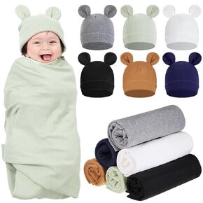 6 Sets Baby Swaddle Blanket with Hats Receiving Blankets for Boys Girl Baby Receiving Blankets Newborn Swaddle Wrap Hospital Receiving Blankets for 0-6 Mouths Unisex Baby Boys Girls