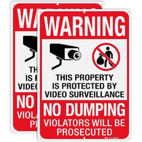 T&R Large No Dumping Sign, Property Protected By Video Surveillance Sign, 14" x 10" Rust Free .040 Aluminum Reflective, Weather Resistant, Waterproof, Fade Resistant, 6 Pre-drilled Holes