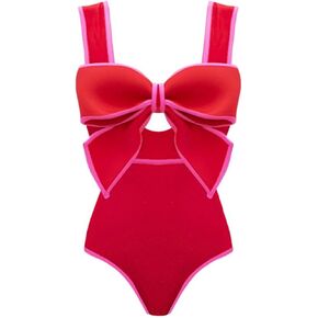 FLAXMAKER Bow Front Cut Out Color Block One Piece Swimsuit and Skirt