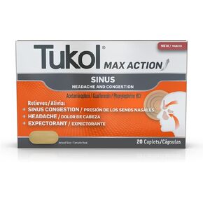 TUKOL Max Action Sinus, Congestion & Pressure Caplets for Pain, Headache Relief, Expectorant, Non-Drowsy, 20 Count