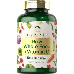 Carlyle Raw Whole Foods VIT C | 180 Coated Caplets | Dietary Supplement | Vegan, Non-GMO & Gluten Free