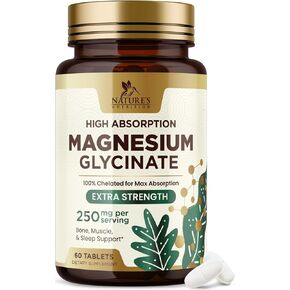 High Absorption Magnesium Glycinate Supplement, 250 mg, 100% Chelated Magnesium Supplement - Muscle, Heart, Bone and Nerve Health Support, Gluten Free, Vegan, Non-GMO - 60 Magnesium Glycinate Tablets