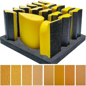 56 PCS Hand Sander Blocking Kit- 16 PCS Hand Sanding Block Set + 40 Sheet Hook & Loop Sandpaper Kit - Interchangeable Assorted Convex & Concave Shapes for Moldings, Baseboards, Woodworking