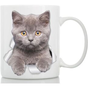 Laughing Grey Cat Coffee Mug - Ceramic Funny Coffee Mug - Perfect Cat Lover Gift - Cute Novelty Coffee Mug Present - Great Birthday or Christmas Surprise for Friend or Coworker, Men and Women (15oz)