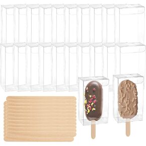 Hacaroa 300 Pieces Clear Popsicle Cakesicle Box Set, 150 Pcs PET Ice Cream Boxes with 150 Pcs Wooden Sticks, 3.7x 2.2x1.5 Inches Candy Treat Box for Wedding, Baby Shower, Kids Birthday Party