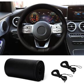 Leather Steering Wheel Cover Lace Up, Stitch On Wrap, Breathable Anti-Slip Car Steering Wheel Protector Universal Fit Max 15 Inch Car Wheels, DIY Sewing with Needle Thread (Black, Hole)