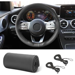 Leather Steering Wheel Cover Lace Up, Stitch On Wrap, Breathable Anti-Slip Car Steering Wheel Protector Universal Fit Max 15 Inch Car Wheels, DIY Sewing with Needle Thread (Black, Hole) in Saudi Arabia