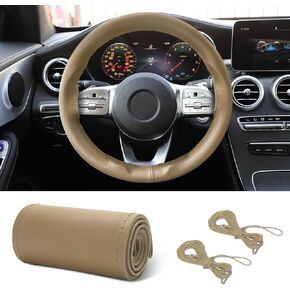 Leather Steering Wheel Cover Lace Up, Stitch On Wrap, Breathable Anti-Slip Car Steering Wheel Protector Universal Fit Max 15 Inch Car Wheels, DIY Sewing with Needle Thread (Black, Hole)