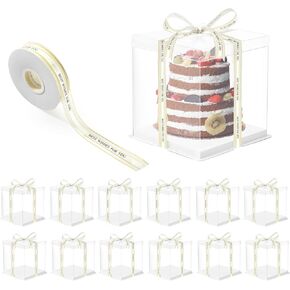 12 Pcs Clear Cake Box 7x7x8 Inch Cake Packaging Boxes, Tall Cake Box with Lid and Ribbon, Transparent Cake Box for Bakery, Wedding Birthday Party