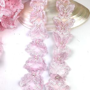 2Yard Organza Butterfly Pearl Embroidered Lace Edge Trim Ribbon,Lace Ribbon Trim Embroidered Sewing Lace Trim Applique Fabric for Decorations Crafts Supplies-Peach