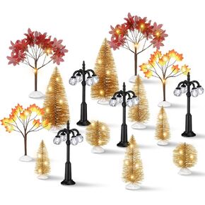 Namalu 17 قطعة مجموعة زينة إكسسوارات القرية، أشجار القيقب الخريفية وأشجار الصنوبر ومصابيح الشوارع الليلية، مجموعة تمثال صغير بسلسلة إضاءة LED لعيد الميلاد وعيد الشكر وحفلات طاولة المدينة in Kuwait