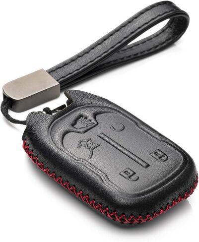 Vitodeco Genuine Leather Smart Key Fob Case with Leather Strap Compatible for GMC Acadia, GMC Terrain 2017 - 2023 (5-Button, Black/Red) in Kuwait