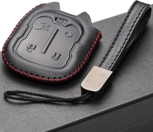 Vitodeco Genuine Leather Smart Key Fob Case with Leather Strap Compatible for GMC Acadia, GMC Terrain 2017 - 2023 (5-Button, Black/Red) in Kuwait