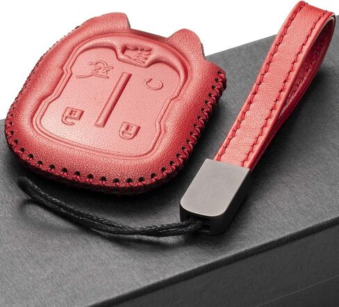 Vitodeco Genuine Leather Smart Key Fob Case with Leather Strap Compatible for GMC Acadia, GMC Terrain 2017 - 2023 (5-Button, Black/Red) in Kuwait