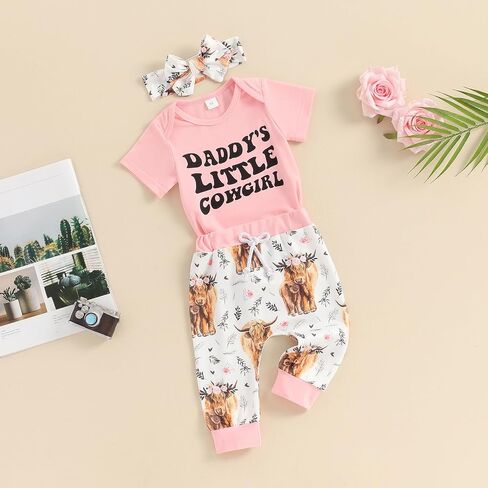 Toddler Baby Western Outfit Short Sleeve Horse YEE-HAW Print Romper Casual Pants Hat 3Pcs Set Country Clothes in Saudi Arabia