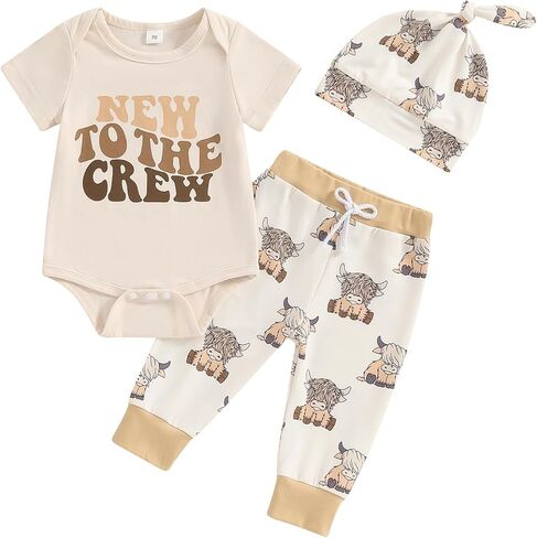 Toddler Baby Western Outfit Short Sleeve Horse YEE-HAW Print Romper Casual Pants Hat 3Pcs Set Country Clothes in Saudi Arabia