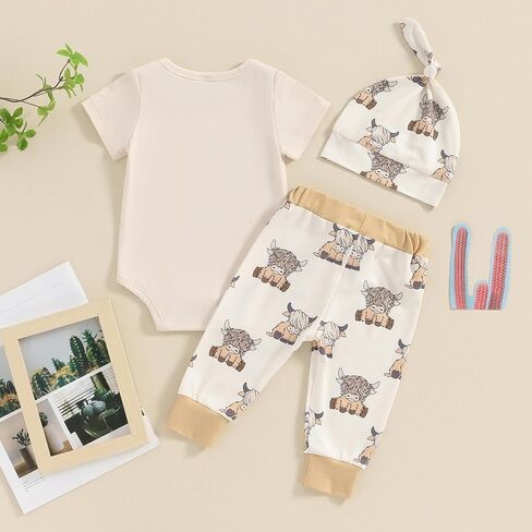 Toddler Baby Western Outfit Short Sleeve Horse YEE-HAW Print Romper Casual Pants Hat 3Pcs Set Country Clothes in Saudi Arabia