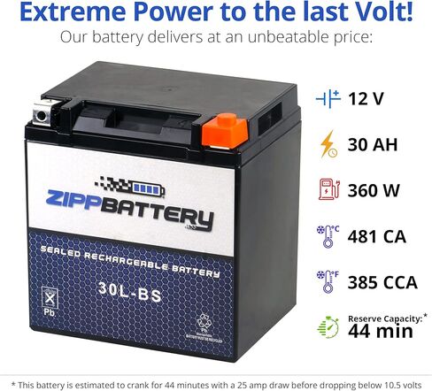 Zipp Battery YTX30L-BS Maintenance Free Replacement Battery for ATV, Motorcycle, Snowmobile, and UTV: 12 Volts, 3 Amps, 30Ah, Nut and Bolt (T3) Terminal in Saudi Arabia
