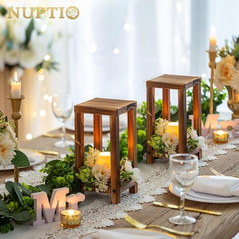 NUPTIO شمعة خشبية فانوس عمود شمعة حامل 4 قطع ريفي الفوانيس الخشب شمعة حامل زهرة شمعة حامل الجدول المركزية ديكور لعيد الميلاد مزرعة الزفاف البلد الديكور in Saudi Arabia