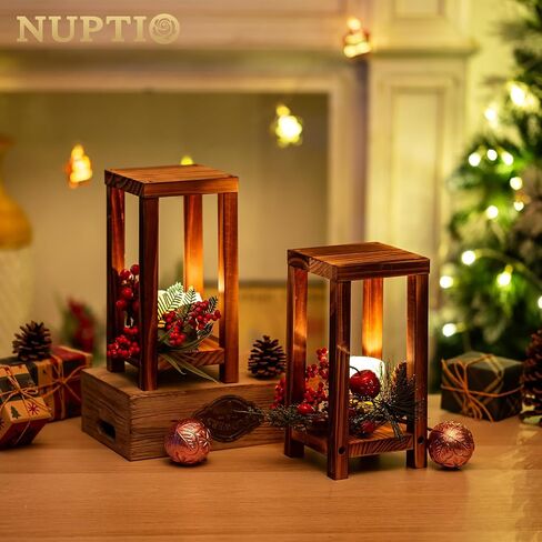 NUPTIO شمعة خشبية فانوس عمود شمعة حامل 4 قطع ريفي الفوانيس الخشب شمعة حامل زهرة شمعة حامل الجدول المركزية ديكور لعيد الميلاد مزرعة الزفاف البلد الديكور in Saudi Arabia
