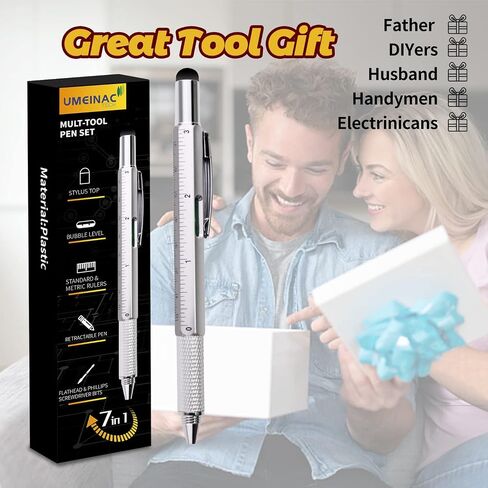 UMEINAC Multitool Pen, 7 in 1 Multitool Tech Tool Pen for Men, Construction Tools Gadget Stocking Stuffers Gifts for Dad Husband Father - Silver in Saudi Arabia