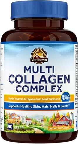 مركب الكولاجين المتعدد من VITALITOWN، النوع الأول والثاني والثالث مع البيوتين وفيتامين C وحمض الهيالورونيك والكركم والفلفل الأسود للبشرة والشعر والأظافر والمفاصل، 90 كبسولة، غير معدلة وراثيًا in Kuwait