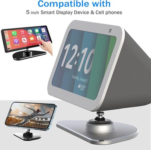 حامل معدني قابل للتعديل لـ Echo Show 5 (الجيل الثالث)، حامل شاشة ذكي إمالة + حامل دوار مع قاعدة مغناطيسية مضادة للانزلاق متوافقة مع iPhone 13/14 وShow 5 (فضي) in Kuwait