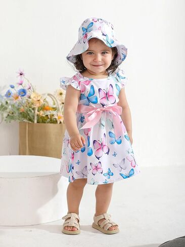 Derouetkia Infant Baby Girl Dress Summer Halter Sleeveless Flower Dresses Toddler Beach Sundress with Hat in Kuwait
