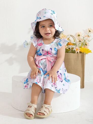 Derouetkia Infant Baby Girl Dress Summer Halter Sleeveless Flower Dresses Toddler Beach Sundress with Hat in Kuwait