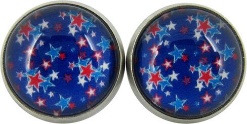 Stainless Steel Royal Blue Patriotic Stars Print Glass Stud Earrings 12mm in Saudi Arabia