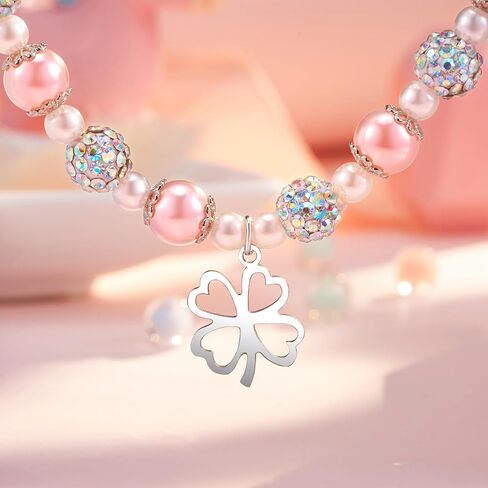 HGDEER ​​اليوم الأول للمدرسة/رياض الأطفال/هدايا ما قبل المدرسة | سحر سوار القلب البرسيم أربع أوراق للفتيات | سوار من اللؤلؤ الوردي وحجر الراين | طول قابل للتعديل من 4-10 بوصات in Kuwait