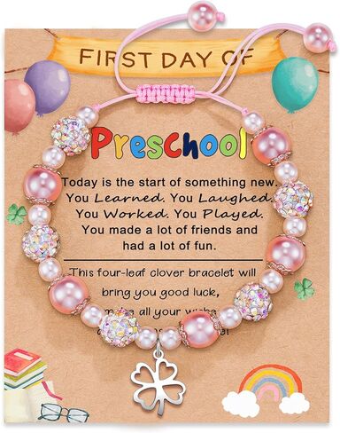 HGDEER ​​اليوم الأول للمدرسة/رياض الأطفال/هدايا ما قبل المدرسة | سحر سوار القلب البرسيم أربع أوراق للفتيات | سوار من اللؤلؤ الوردي وحجر الراين | طول قابل للتعديل من 4-10 بوصات in Kuwait