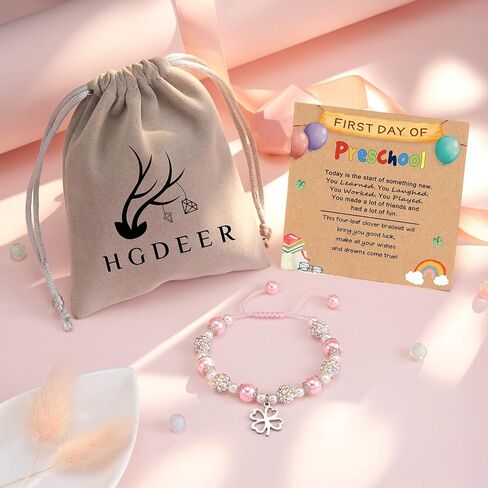 HGDEER ​​اليوم الأول للمدرسة/رياض الأطفال/هدايا ما قبل المدرسة | سحر سوار القلب البرسيم أربع أوراق للفتيات | سوار من اللؤلؤ الوردي وحجر الراين | طول قابل للتعديل من 4-10 بوصات in Kuwait