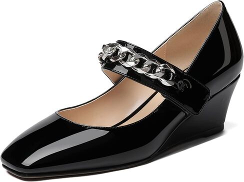 WAYDERNS Women's Slip-on Patent Lace Up Metal Chain Square Toe Mary Jane Wedge Low Heel Pumps Shoes 2 Inch in Saudi Arabia