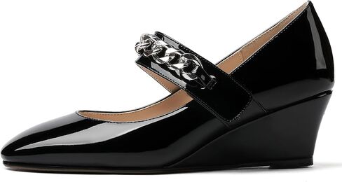 WAYDERNS Women's Slip-on Patent Lace Up Metal Chain Square Toe Mary Jane Wedge Low Heel Pumps Shoes 2 Inch in Saudi Arabia