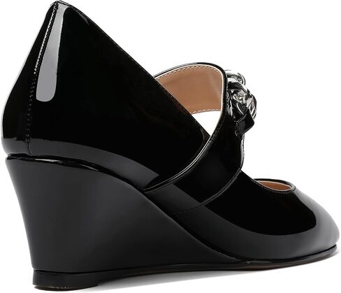 WAYDERNS Women's Slip-on Patent Lace Up Metal Chain Square Toe Mary Jane Wedge Low Heel Pumps Shoes 2 Inch in Saudi Arabia