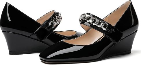 WAYDERNS Women's Slip-on Patent Lace Up Metal Chain Square Toe Mary Jane Wedge Low Heel Pumps Shoes 2 Inch in Saudi Arabia