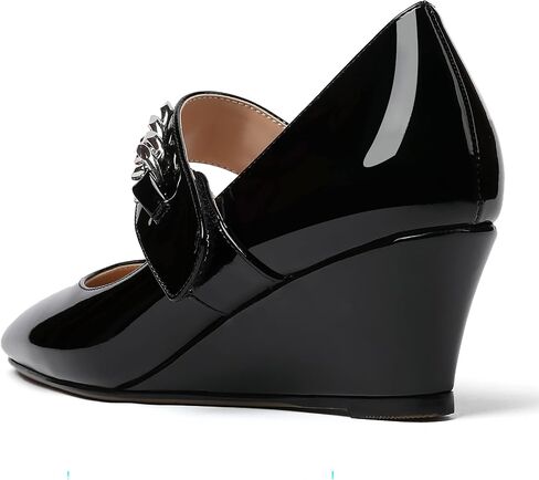 WAYDERNS Women's Slip-on Patent Lace Up Metal Chain Square Toe Mary Jane Wedge Low Heel Pumps Shoes 2 Inch in Saudi Arabia