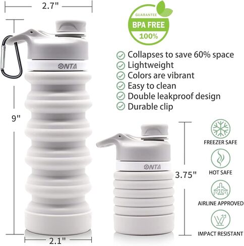 زجاجة مياه قابلة للطي من ONTA - زجاجة مياه قابلة للطي من السيليكون خالية من مادة BPA للسفر، زجاجة مياه محمولة من السيليكون مانعة للتسرب سعة 20 أونصة، رمادي in Kuwait