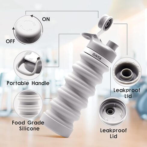 زجاجة مياه قابلة للطي من ONTA - زجاجة مياه قابلة للطي من السيليكون خالية من مادة BPA للسفر، زجاجة مياه محمولة من السيليكون مانعة للتسرب سعة 20 أونصة، رمادي in Kuwait