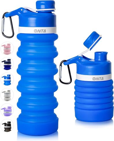 زجاجة مياه قابلة للطي من ONTA - زجاجة مياه قابلة للطي من السيليكون خالية من مادة BPA للسفر، زجاجة مياه محمولة من السيليكون مانعة للتسرب سعة 20 أونصة، رمادي in Saudi Arabia