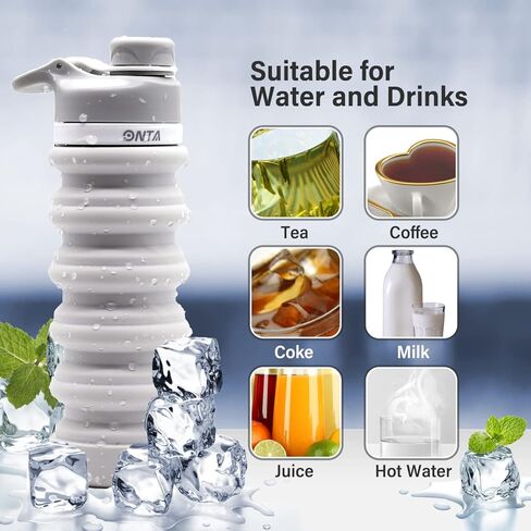 زجاجة مياه قابلة للطي من ONTA - زجاجة مياه قابلة للطي من السيليكون خالية من مادة BPA للسفر، زجاجة مياه محمولة من السيليكون مانعة للتسرب سعة 20 أونصة، رمادي in Kuwait