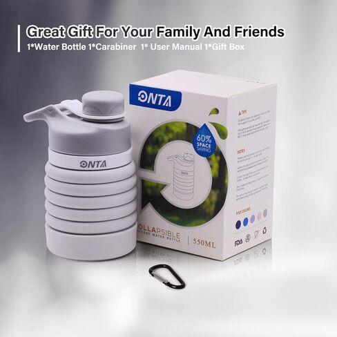 زجاجة مياه قابلة للطي من ONTA - زجاجة مياه قابلة للطي من السيليكون خالية من مادة BPA للسفر، زجاجة مياه محمولة من السيليكون مانعة للتسرب سعة 20 أونصة، رمادي in Kuwait