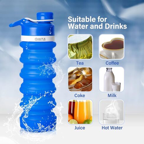 زجاجة مياه قابلة للطي من ONTA - زجاجة مياه قابلة للطي من السيليكون خالية من مادة BPA للسفر، زجاجة مياه محمولة من السيليكون مانعة للتسرب سعة 20 أونصة، رمادي in Saudi Arabia