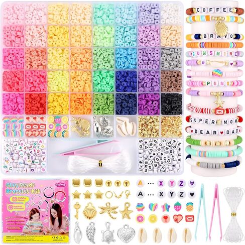 مجموعة صنع أساور خرز الطين من فونتوبيا، 40 لونًا من خرز طين البوليمر لصنع المجوهرات، طقم أساور الصداقة مكون من 5300+ قطعة من خرز هيشي مع سحر خرز الحروف الأبجدية، هدايا حرفية للفتيات من عمر 8 إلى 12 عامًا in Kuwait